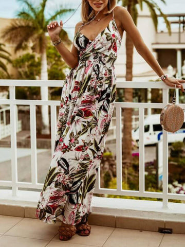 Woochic robe longue imprimé tropicale feuille fluide dos nu à fines brides v-cou bohème mode plage Multicolore S